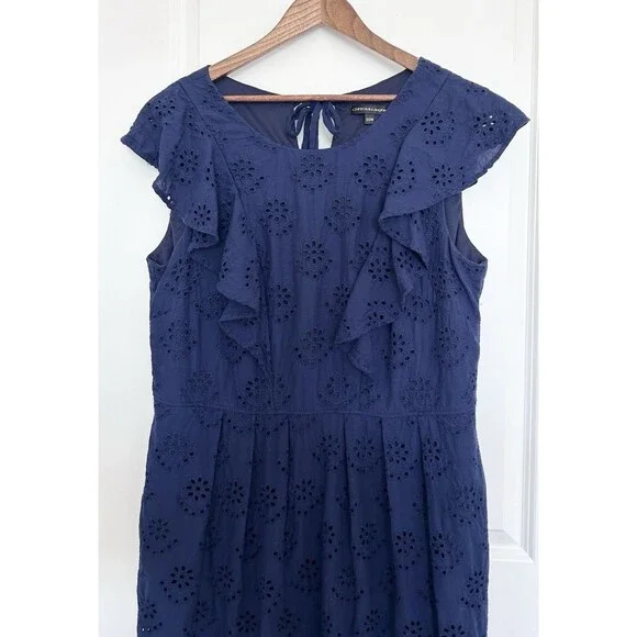 Chris McLaughlin Womens Dress Size 20 W Navy Cotton Eyelet Ruffle Pockets - Picture 3 of 10